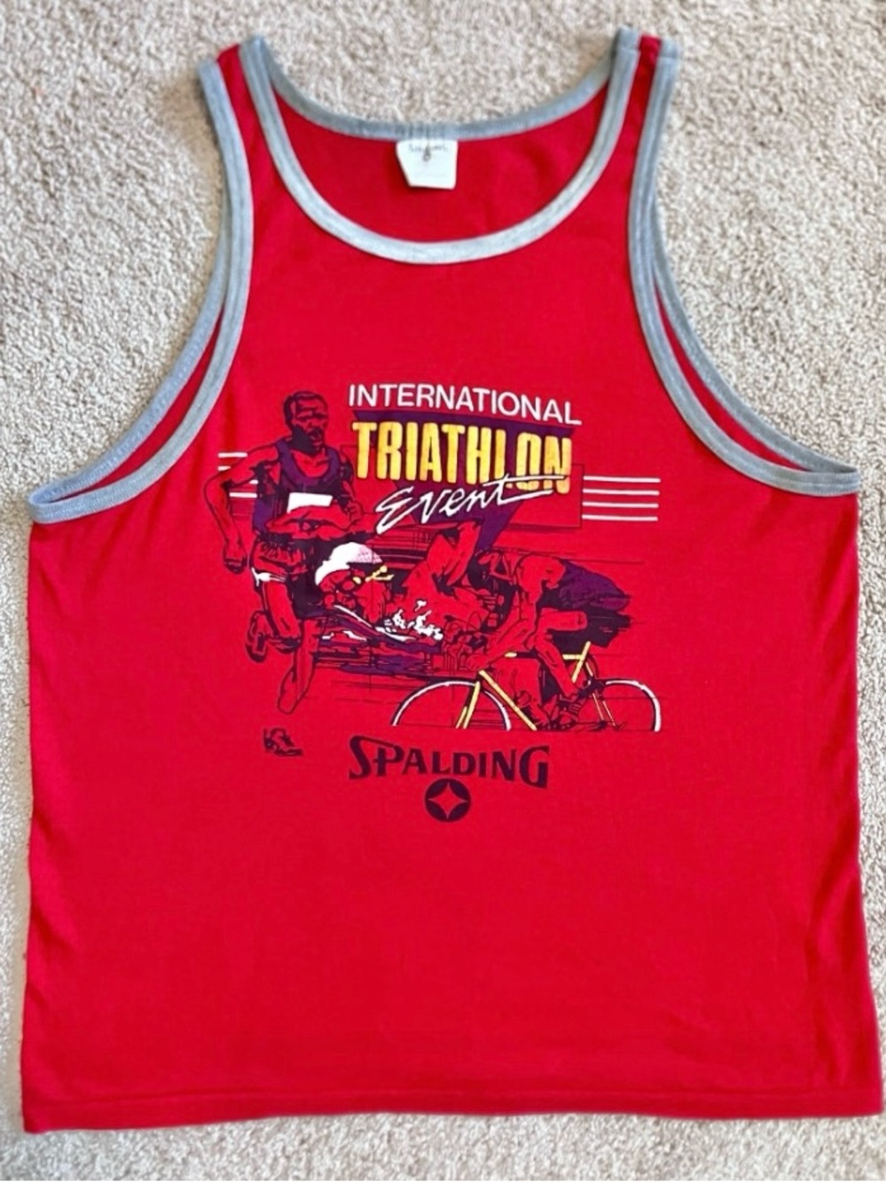 Vintage 1980s Spalding INTERNATIONAL TRIATHLON EVENT M-XL Tank Top RUN BIKE SWIM